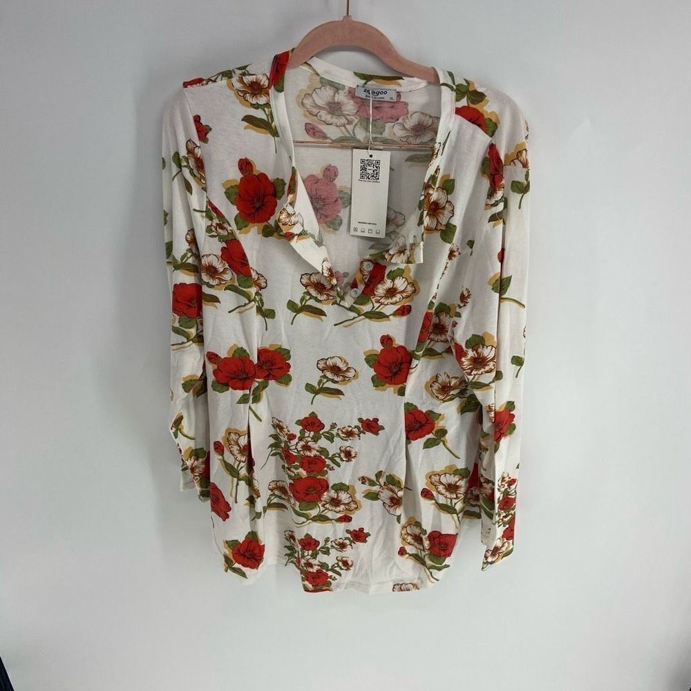 Zeagoo Women's White Floral Print Long Sleeve Blouse Size XL NWT